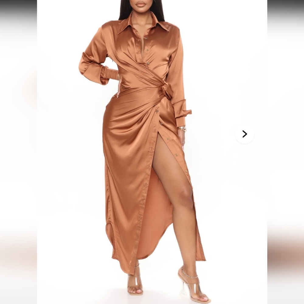 Fashion Nova Copper Satin Wrap Shirt Maxi Dress